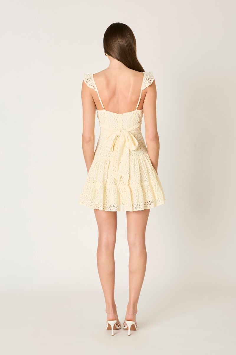 Ruffle Strap Eyelet Mini Dress in butter back view