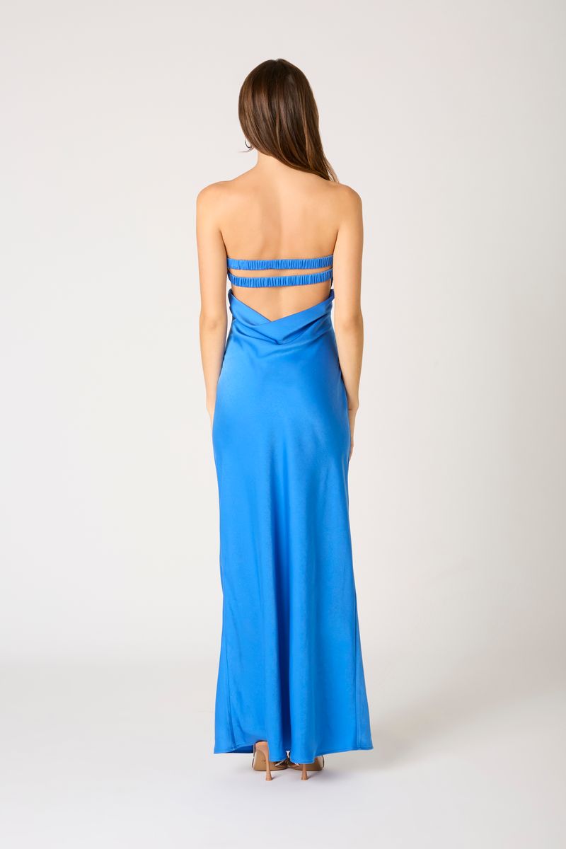 Strapless Satin Maxi Dress in sapphire back view