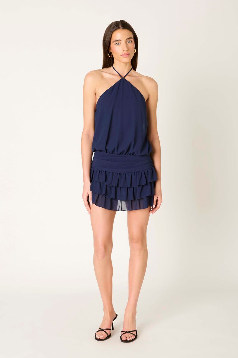 Halter Ruffle Mini Dress in navy front view