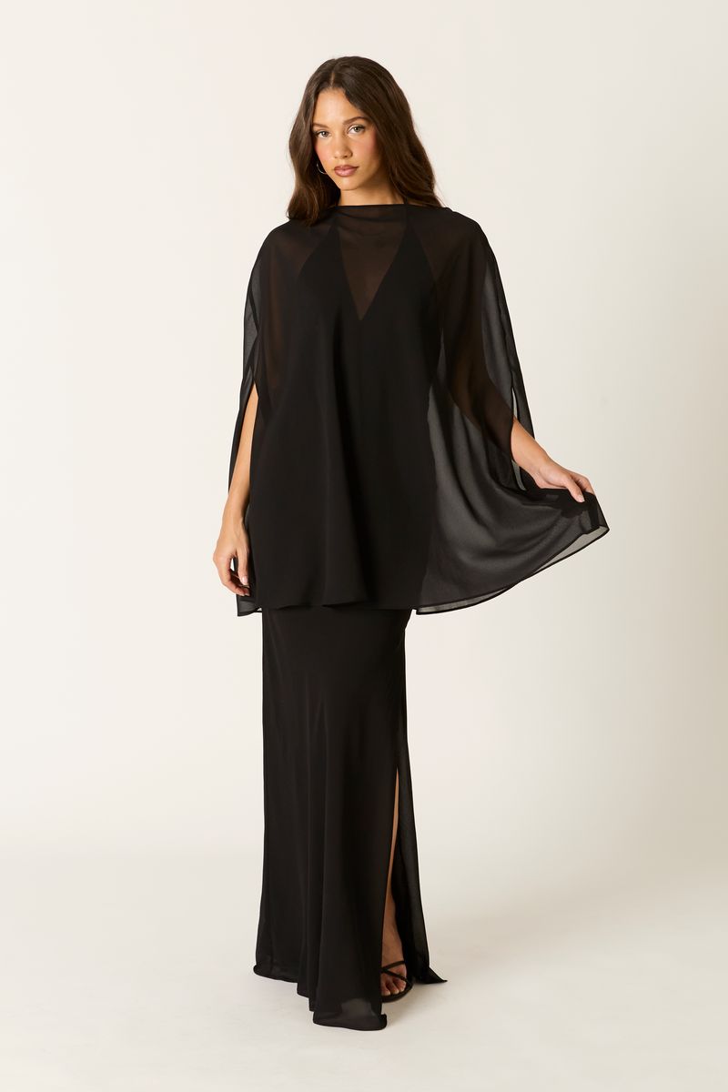 Sheer Chiffon Poncho in black front view