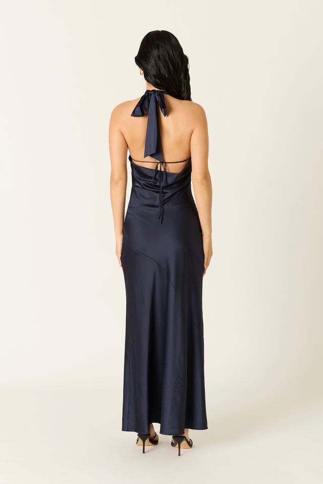 Satin Keyhole Maxi Dress in midnight back view