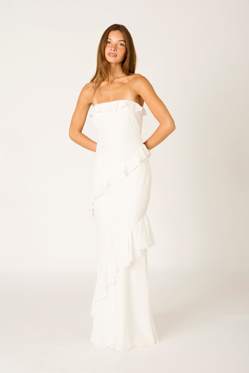 Cascade Ruffle Gown in white front view