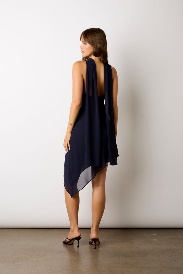 Asymmetrical Chiffon Mini Dress in navy back side view