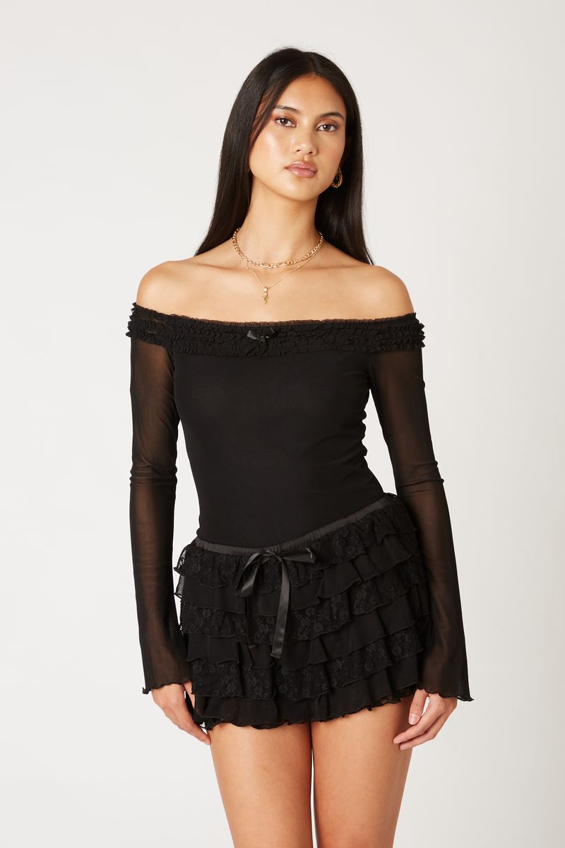 Off-The-Shoulder Ruffle Mesh Top in black front view