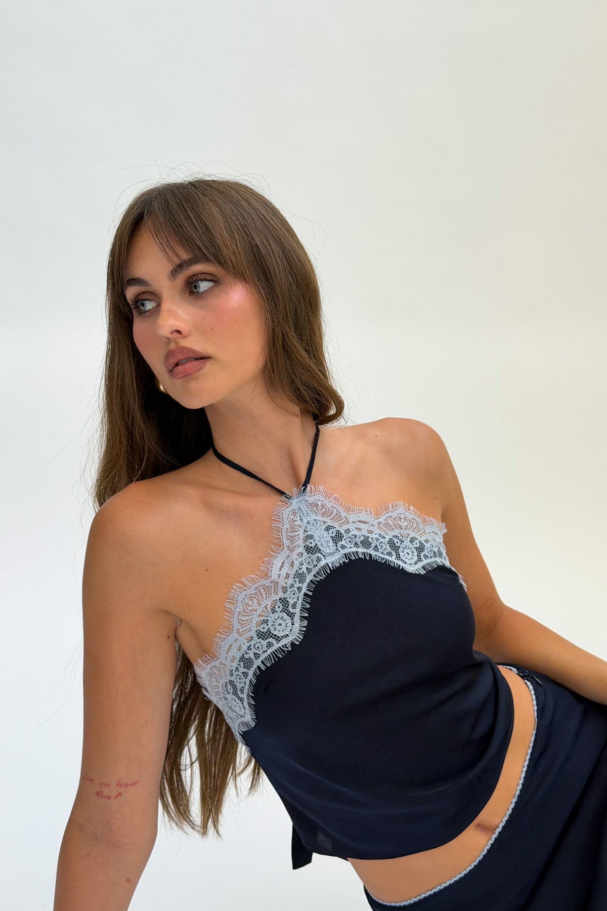 Satin Lace Trim Top in midnight front view