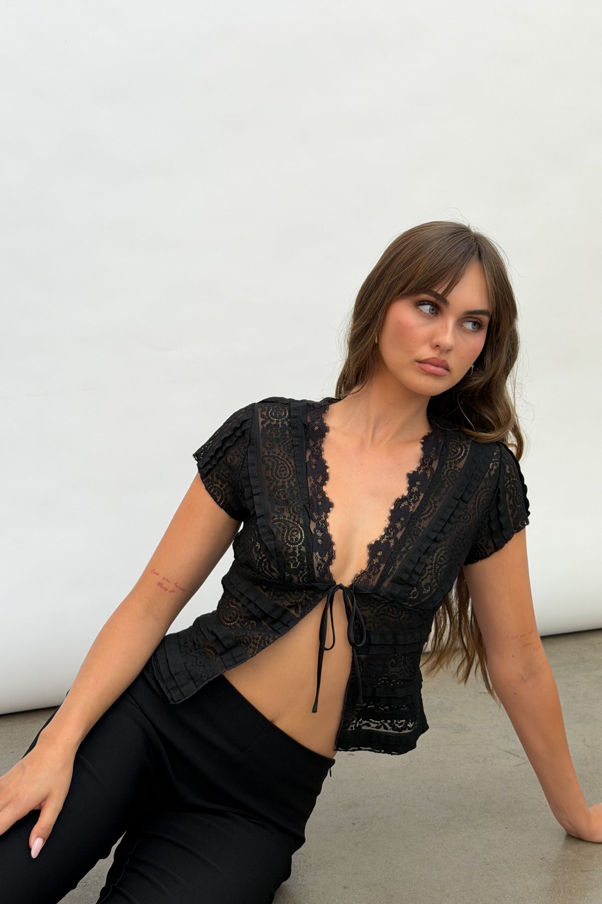 Lace Tie-Front Top in black front view