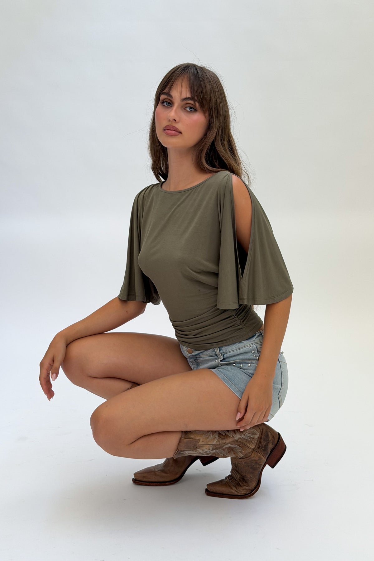 Ruched Flutter Sleeve Top in olive side view
