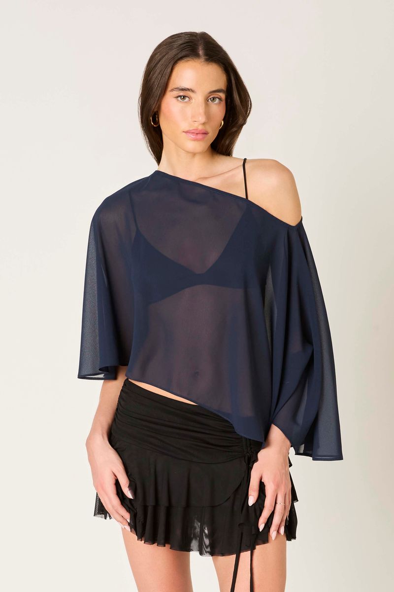 One-Shoulder Sheer Top in navy front view