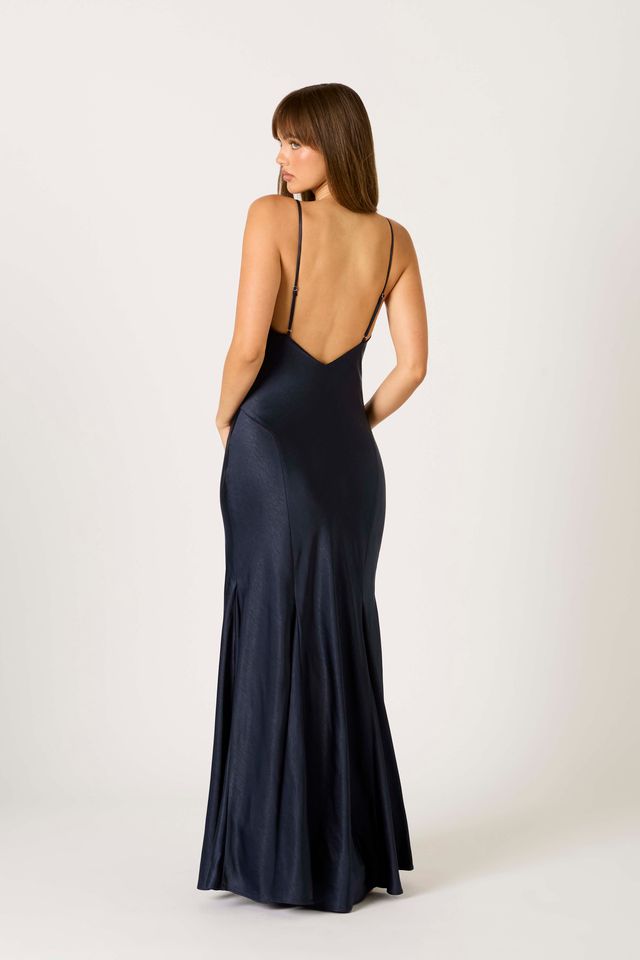 Satin Flared Maxi Dress in midnight back side view
