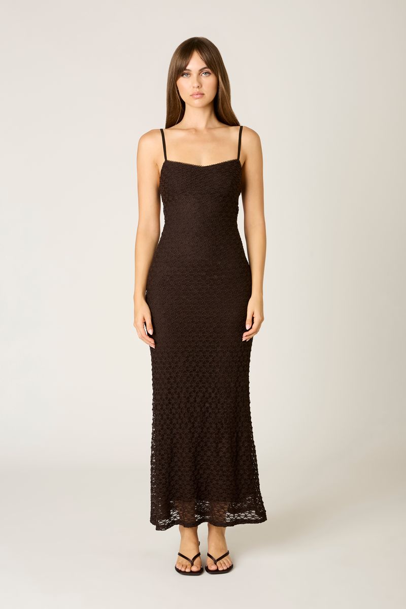 Textured Mesh Midi Dress in espresso front view