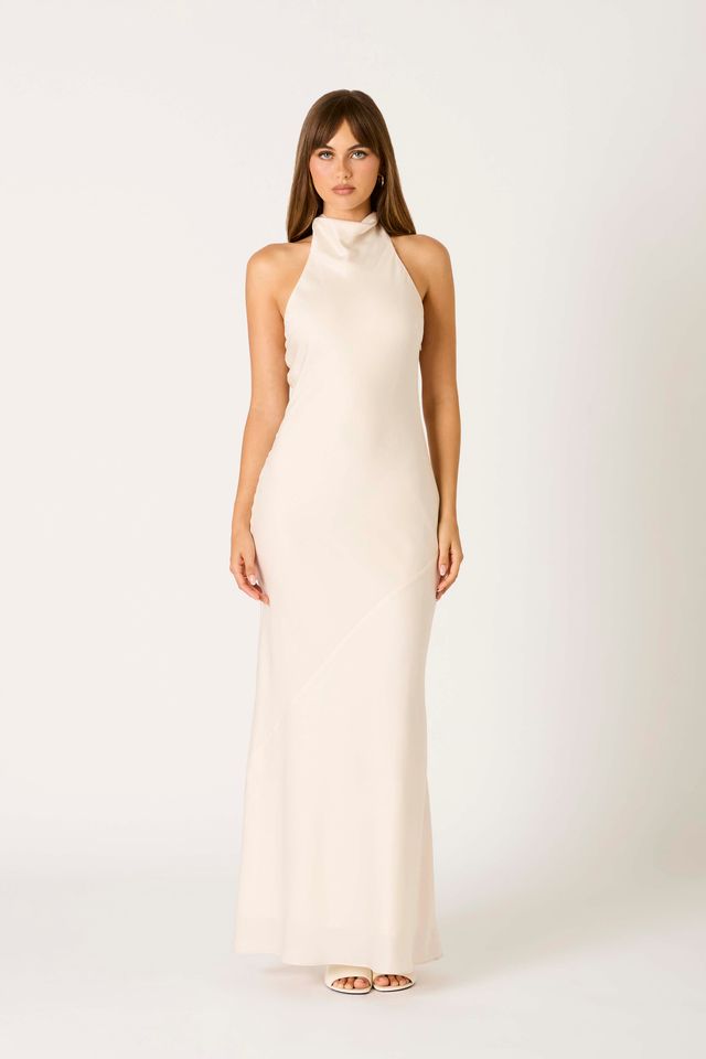 Open Back Halter Maxi Dress in cream front view