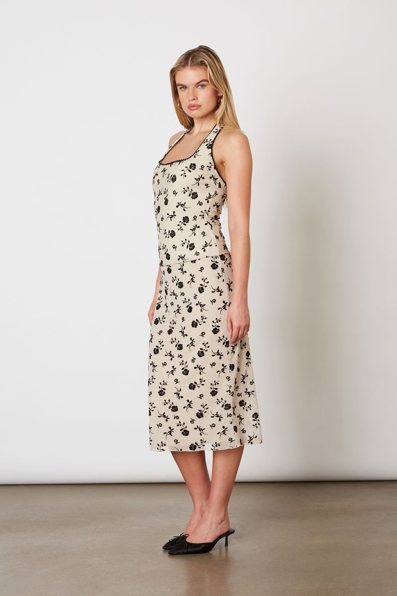 Flocked Velvet Mesh Midi Skirt in mushroom side view