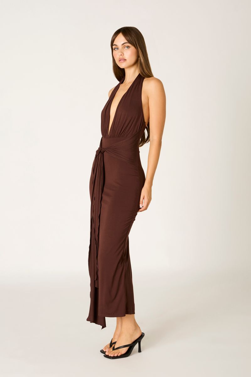Jersey Halter Midi Dress in chocolate side view