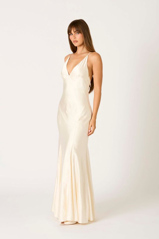 Satin Flared Maxi Dress in ivory side view