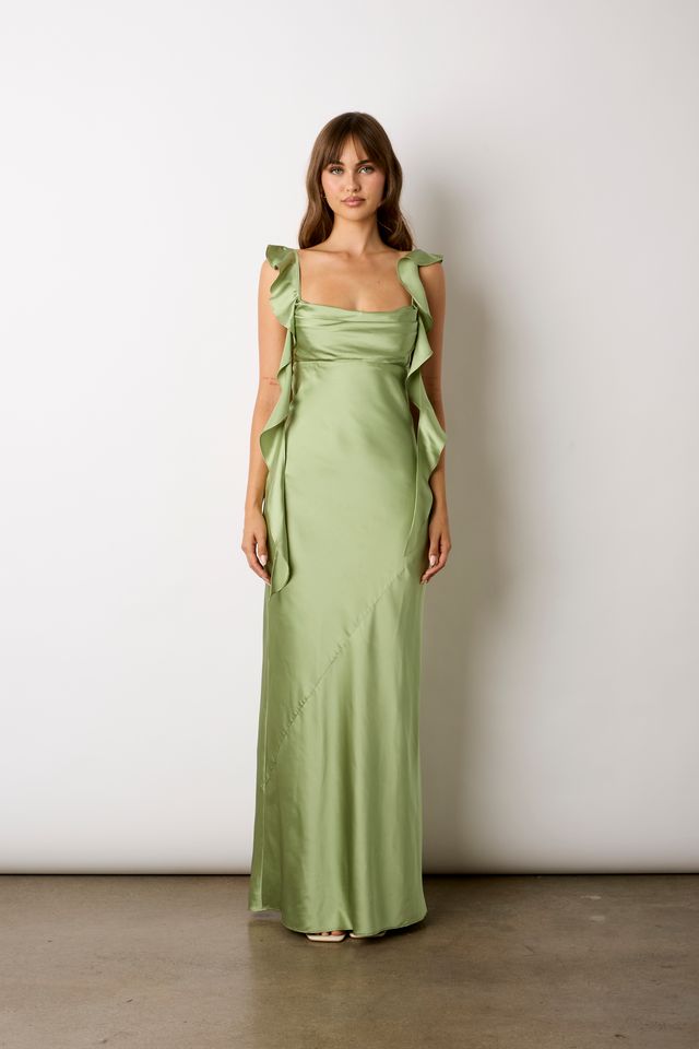 Waterfall Ruffle Maxi Dress in basil front view