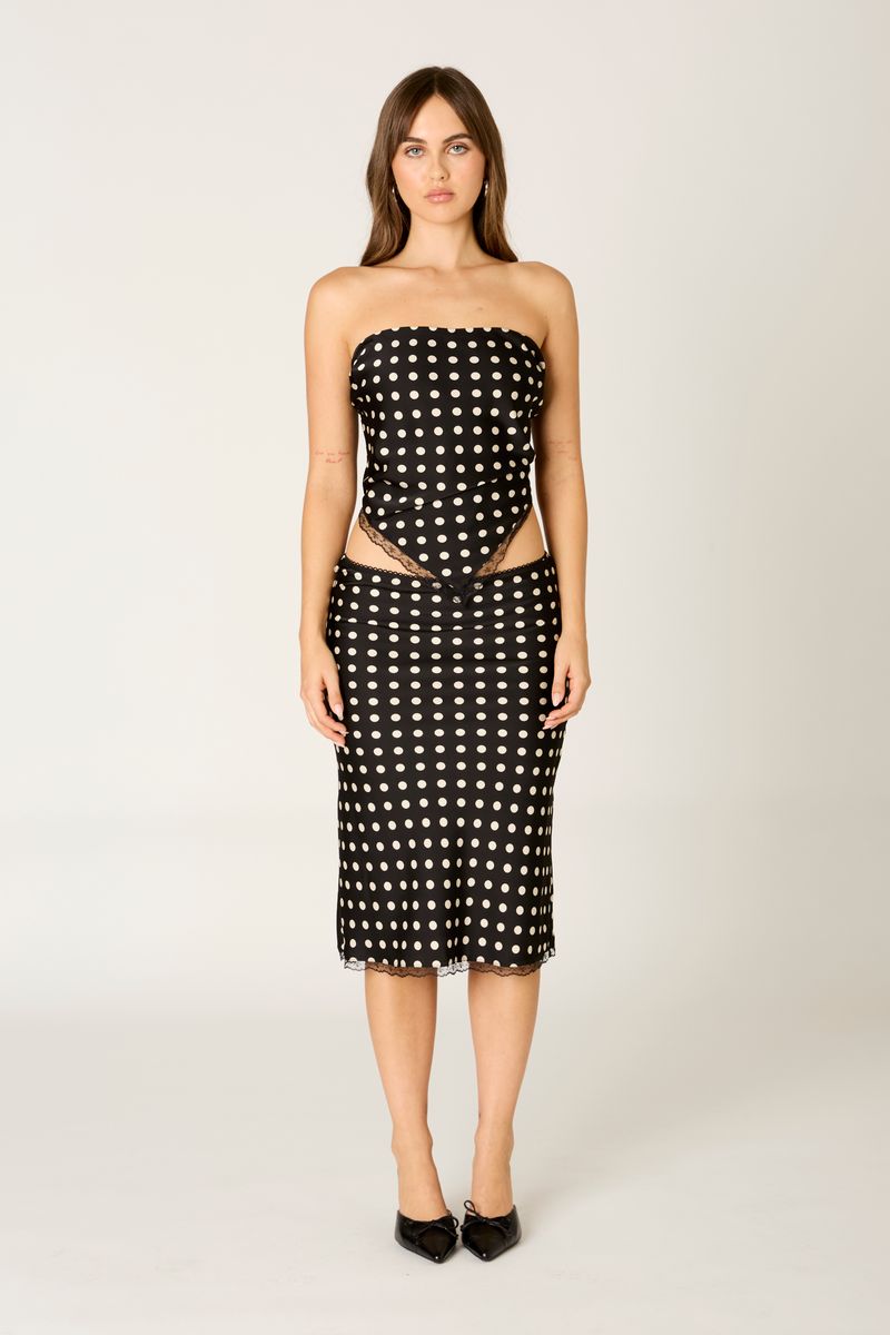 Lace Trim Polka Dot Midi Skirt in black front view