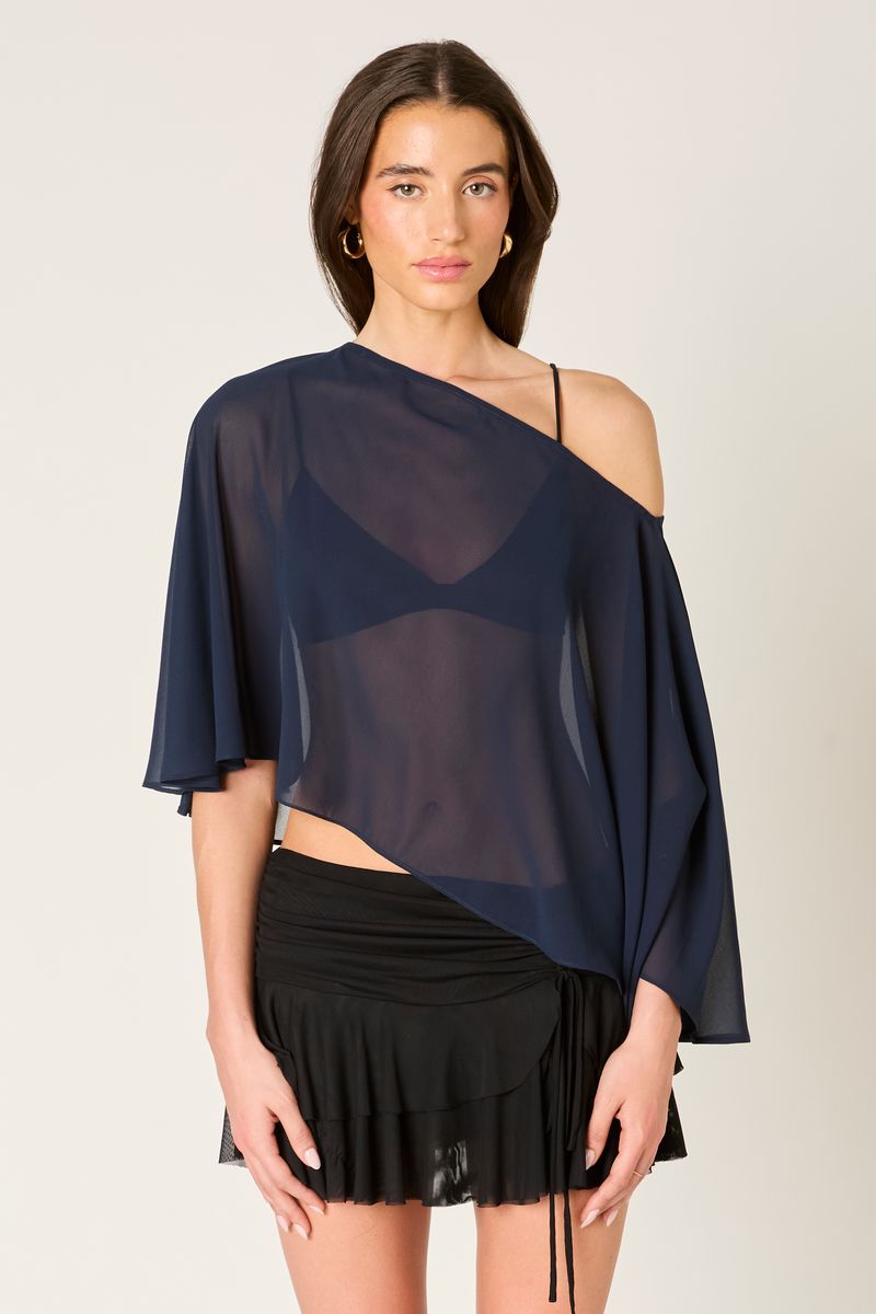 One-Shoulder Sheer Top in navy front view