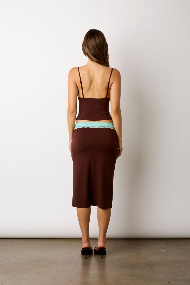 Lace Trim Midi Skirt in chocolate back view