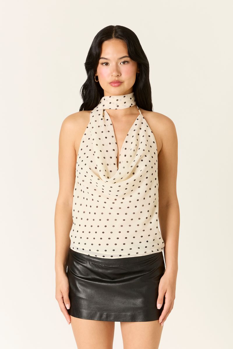 Polka Dot Cowl Neck Top in ecru front view