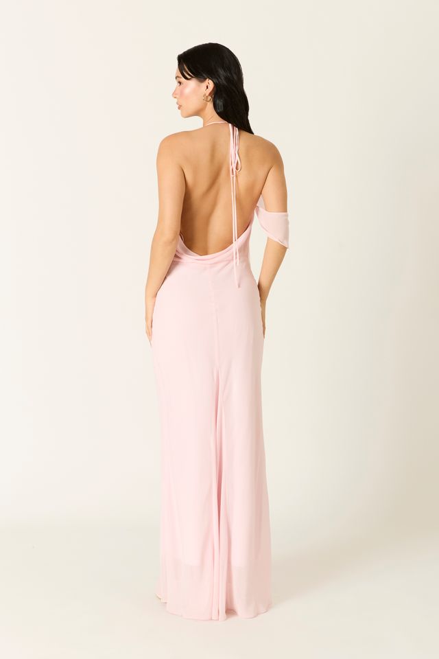 Cowlback Maxi Dress in barley pink back side view