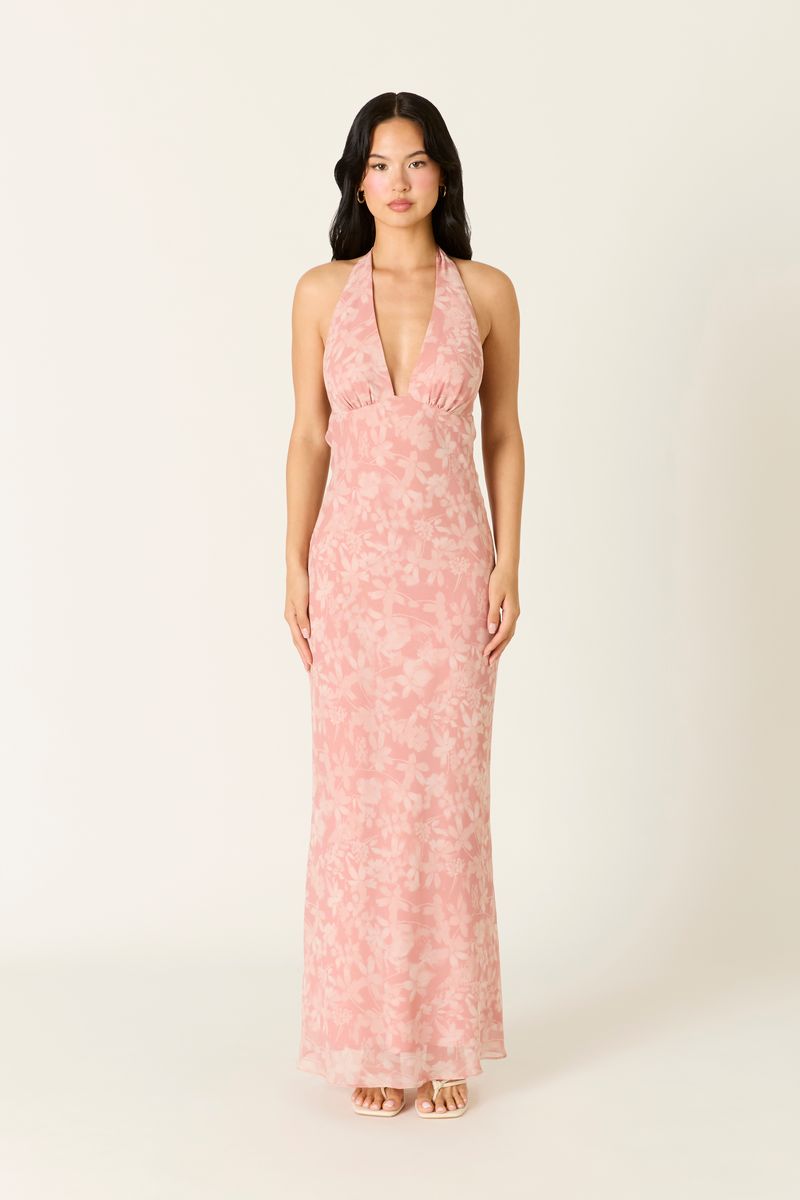 Floral Halter Maxi Dress in coral sands front view