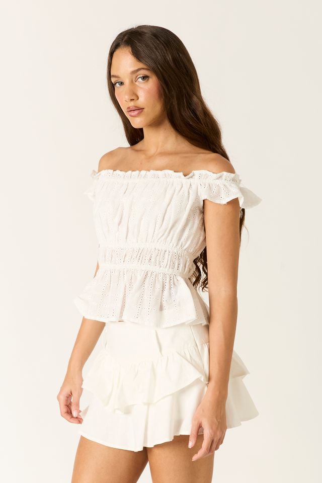 Off-The-Shoulder Eyelet Top in white side view