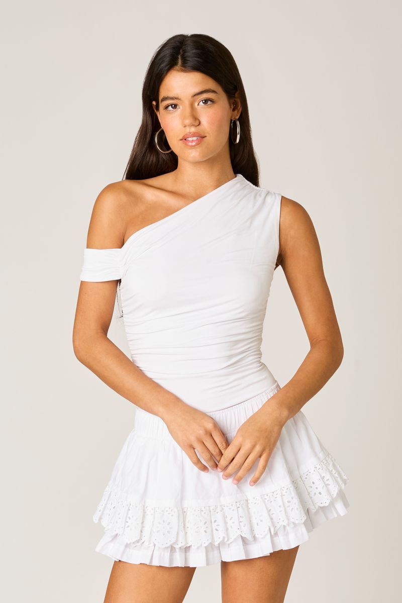 Eyelet Ruffle Mini Skirt in white front view
