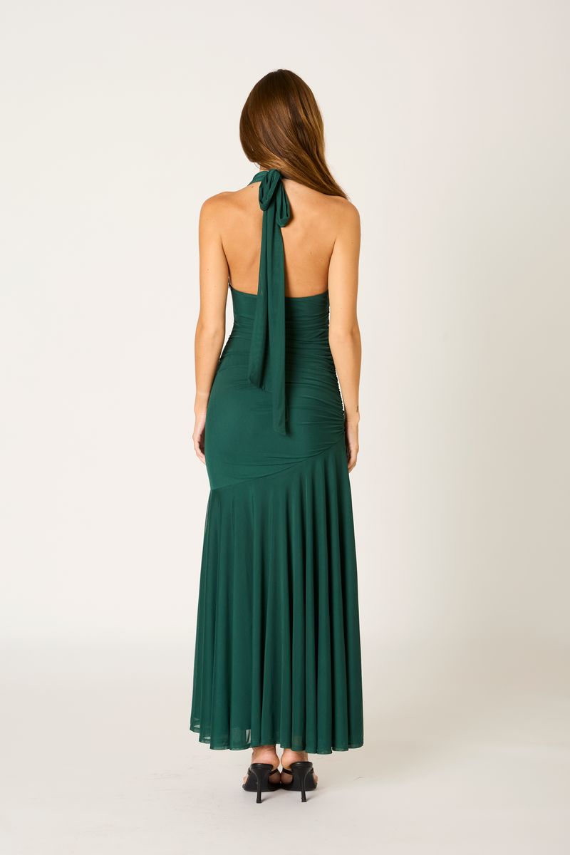 Stretch Mesh Halter Gown in pine back view