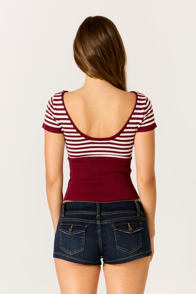 Striped Knit Sweater Top in wine/white back view