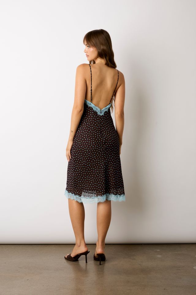 Polka Dot Midi Slip Dress in brown back side view