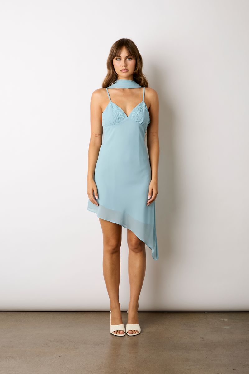 Asymmetrical Chiffon Mini Dress in celadon front view