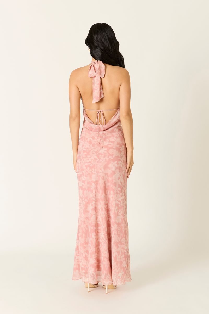 Floral Halter Maxi Dress in coral sands back view