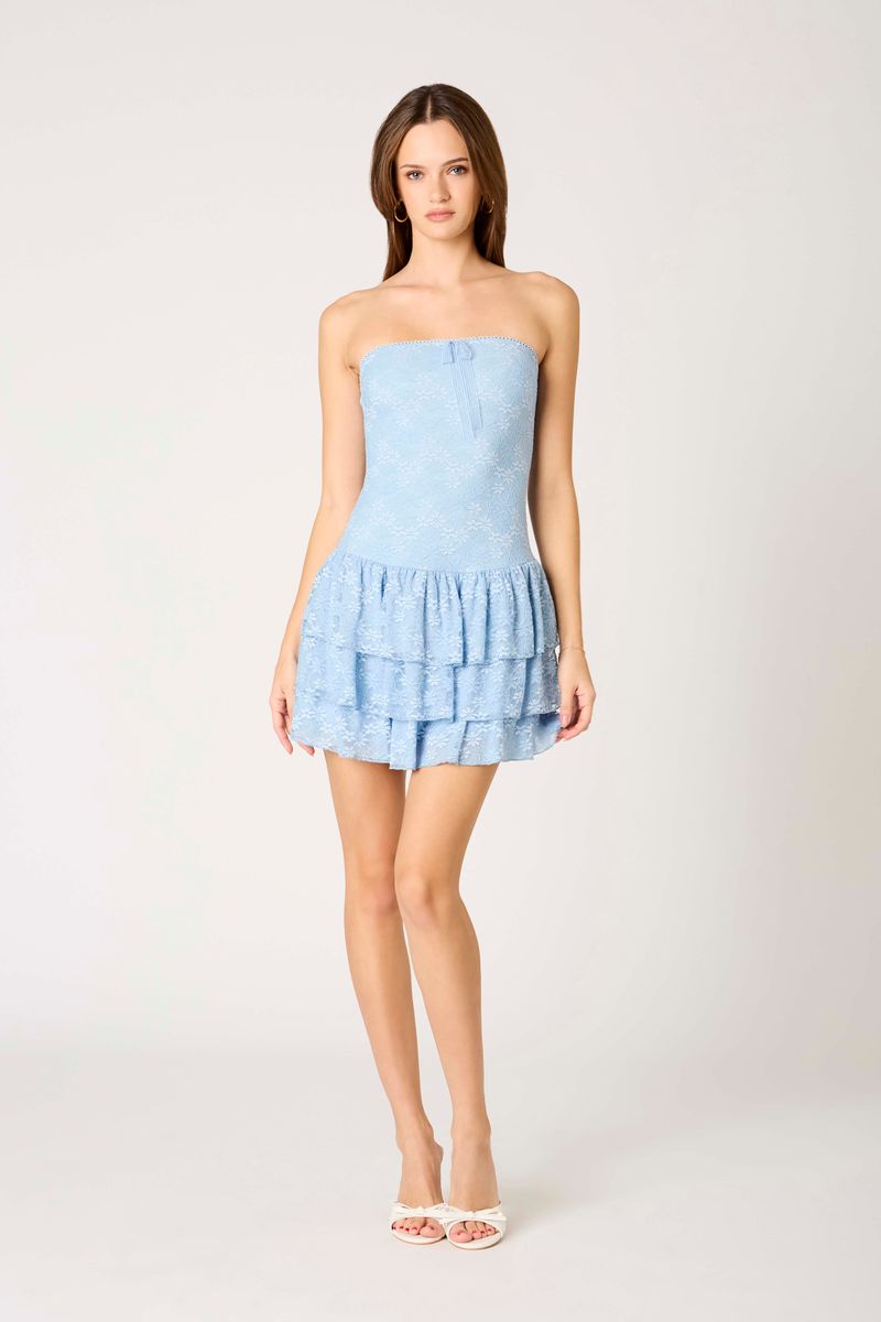 Tiered Lace Mini Dress in slate blue front view