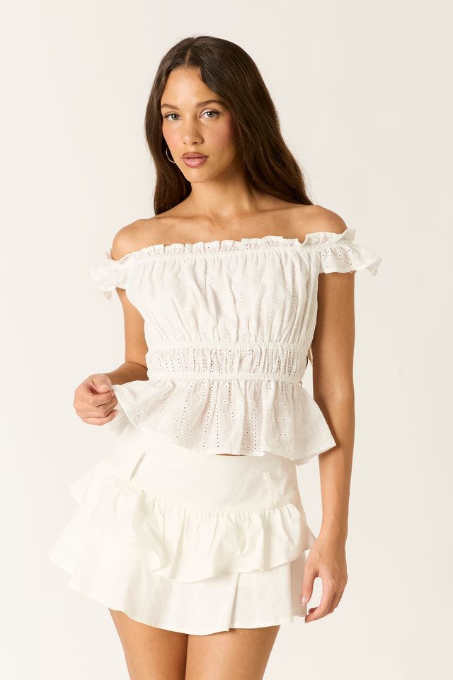Off-The-Shoulder Eyelet Top in white front view