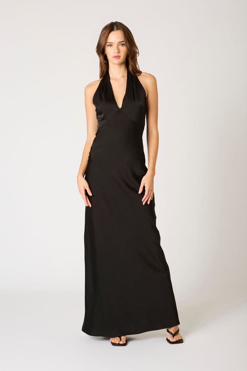 Plunge Halter Bias Gown in black front view