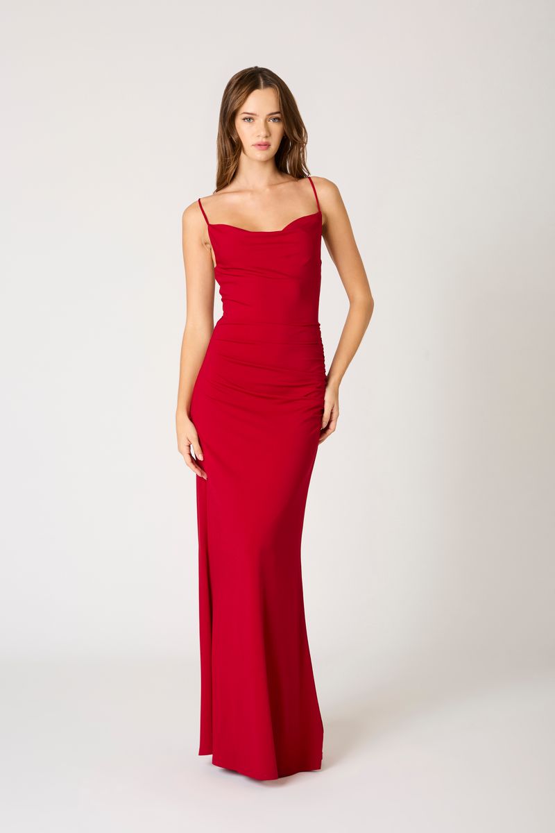 Cowl Neck Knit Gown in crimson front view