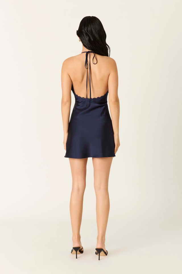 Lace Trim Satin Mini Dress in navy back view