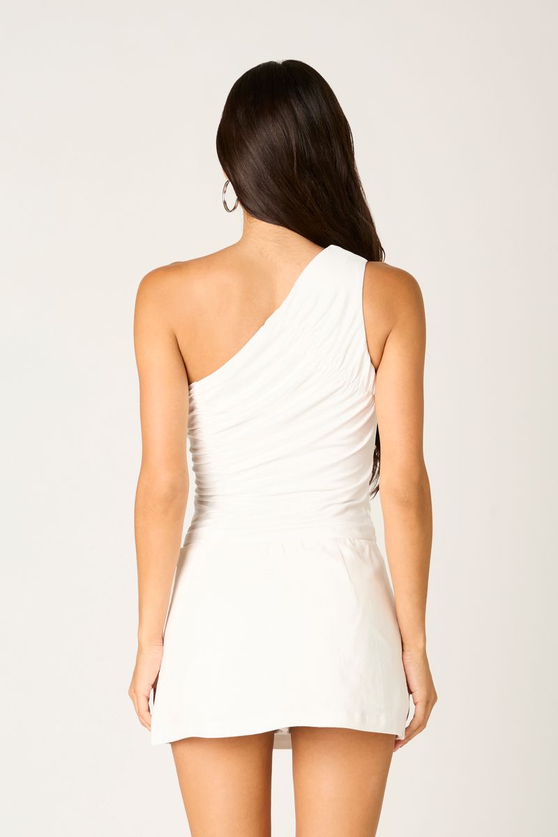 Asymmetrical Ruched Top in white back view