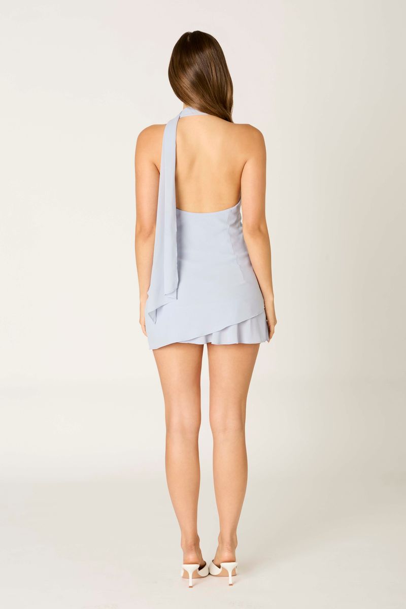 One-Shoulder Chiffon Mini Dress in slate blue back view