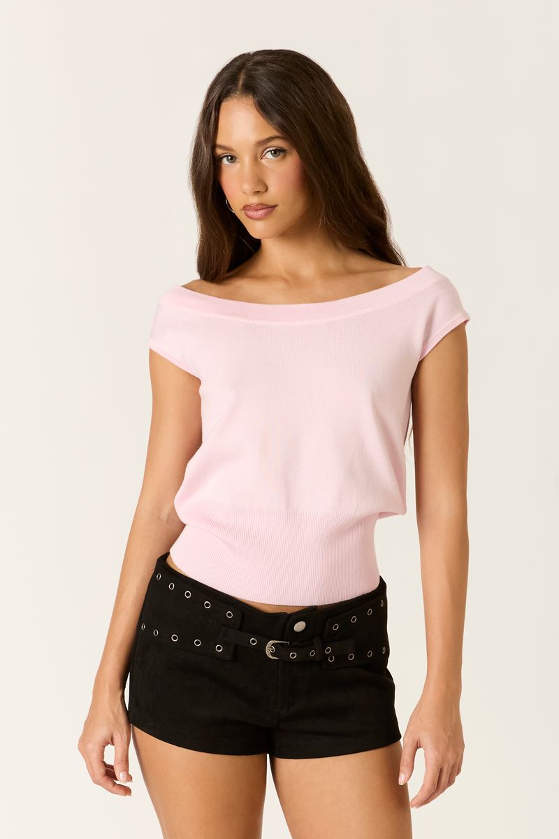 Short Sleeve Knit Top in petal pink front view
