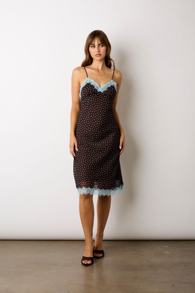 Polka Dot Midi Slip Dress in brown front view