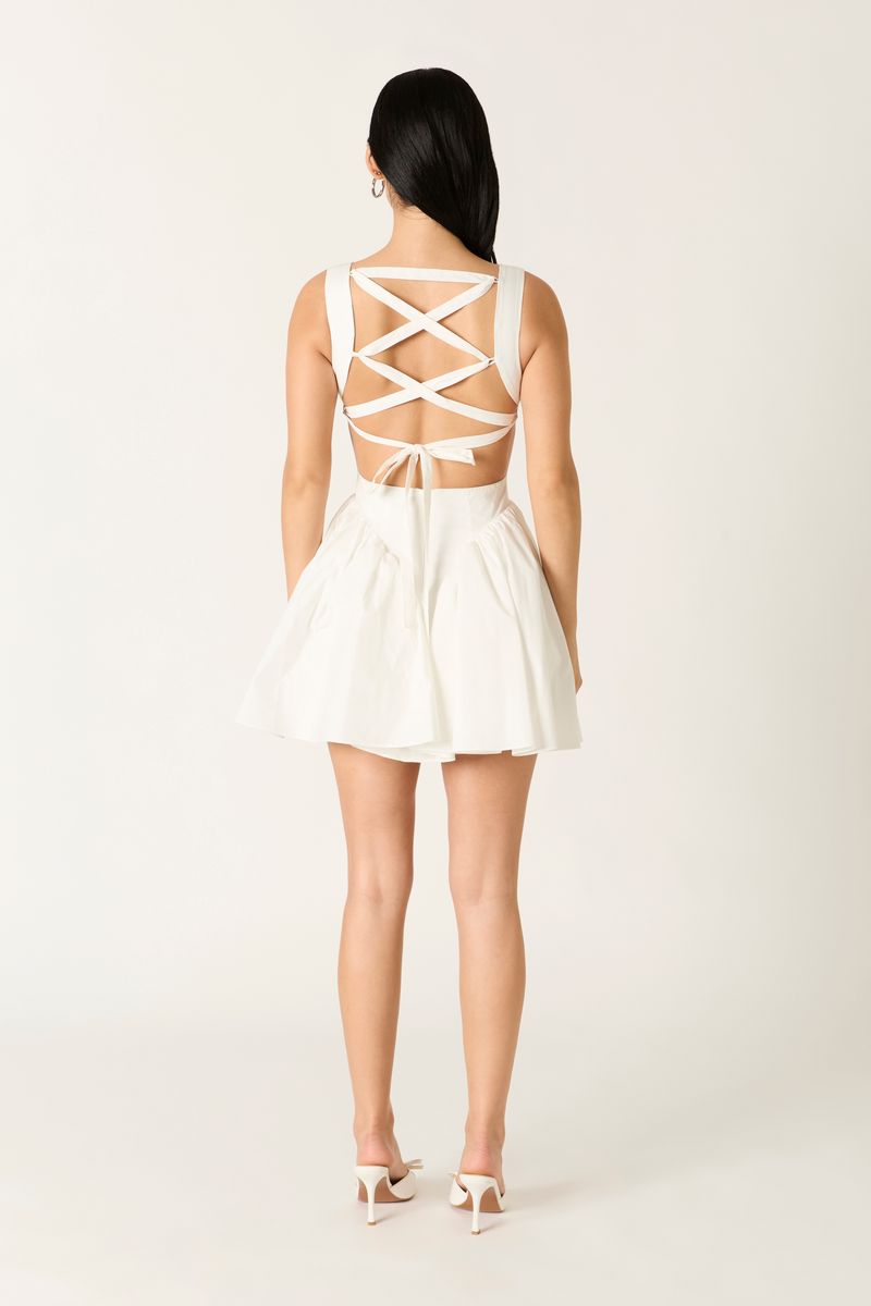Lace-Up Open Back Mini Dress in white back view
