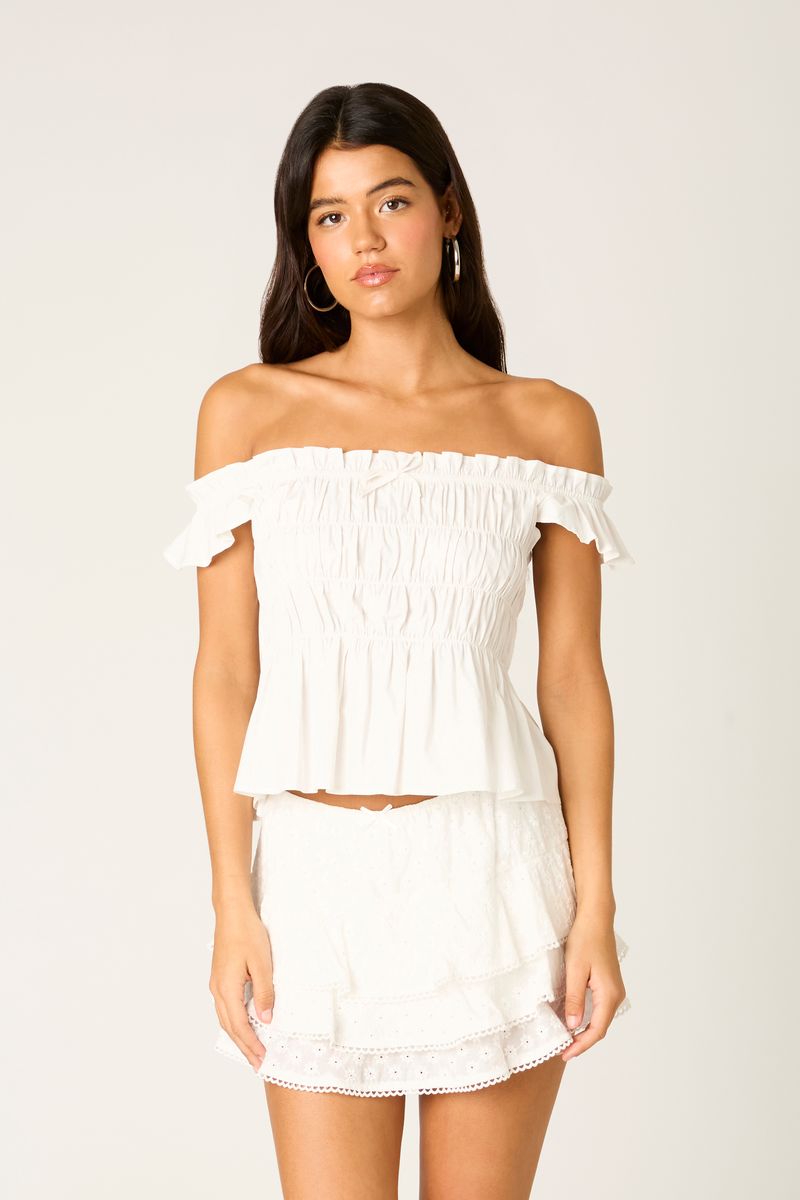 Off-the-shoulder Smocked Top in white front view