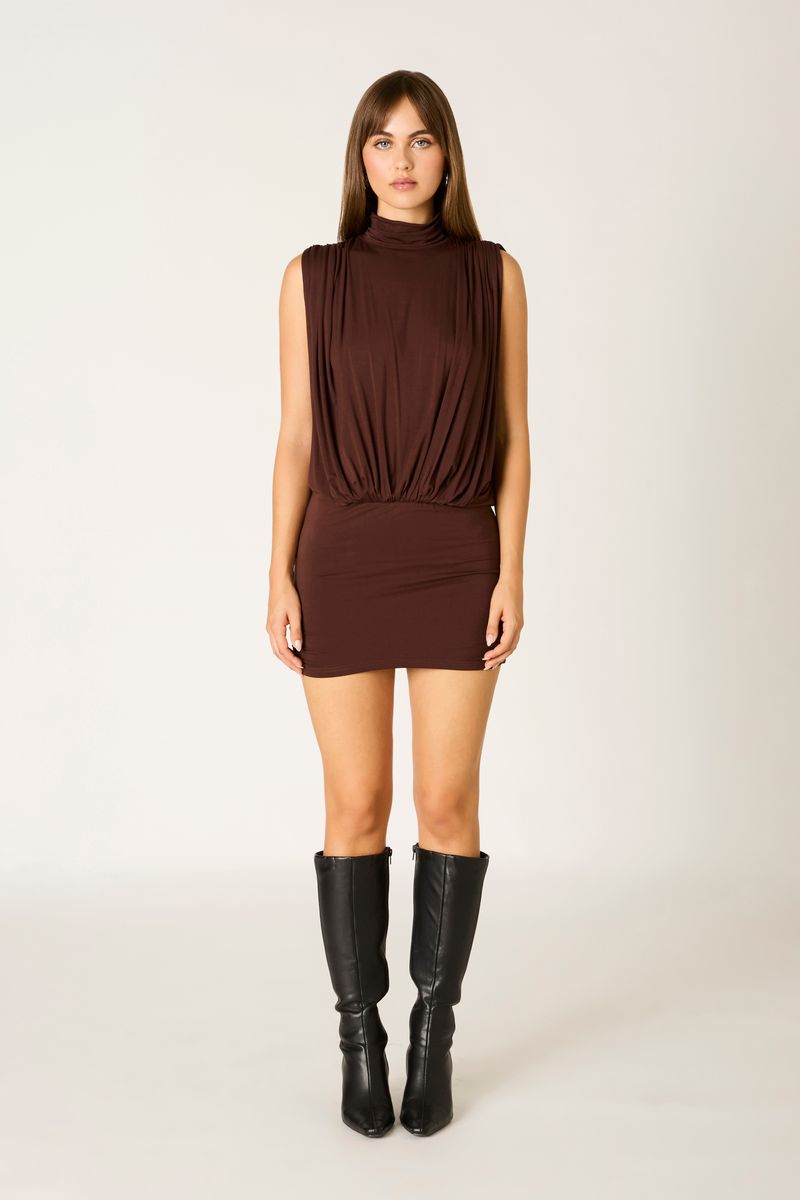 High-Neck Mini Dress in chocolate front view