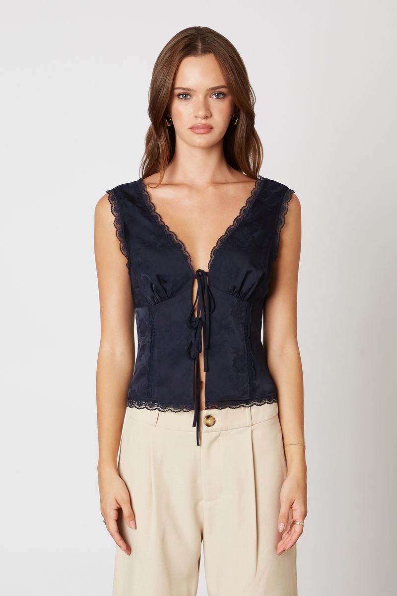 Satin Tie Front Top in midnight front view