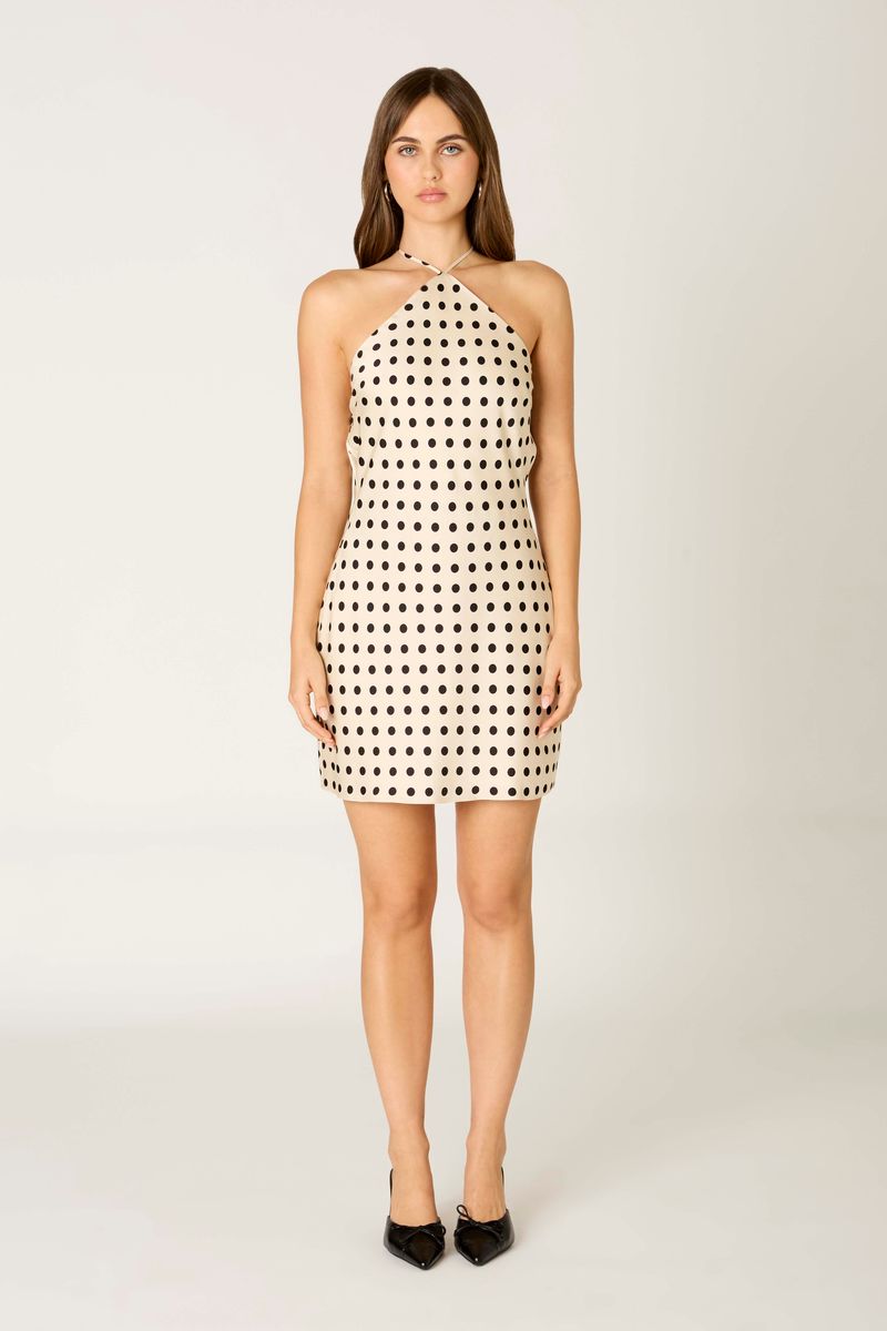 Polka Dot Halter Neck Mini Dress in ivory front view