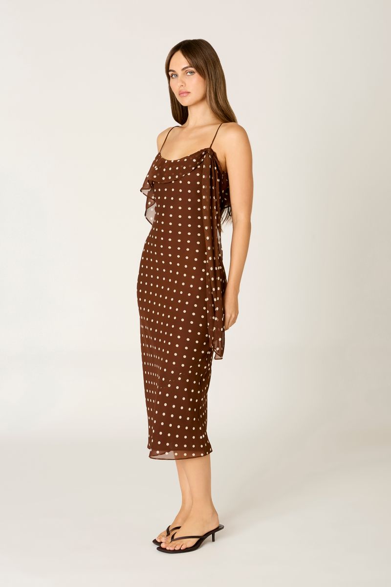 Chiffon Polka Dot Midi Dress in chocolate side view