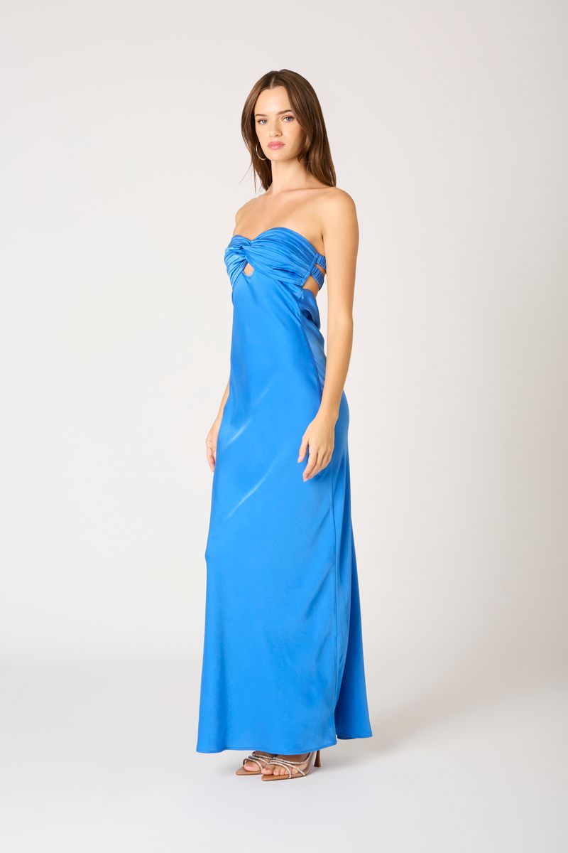 Strapless Satin Maxi Dress in sapphire side view