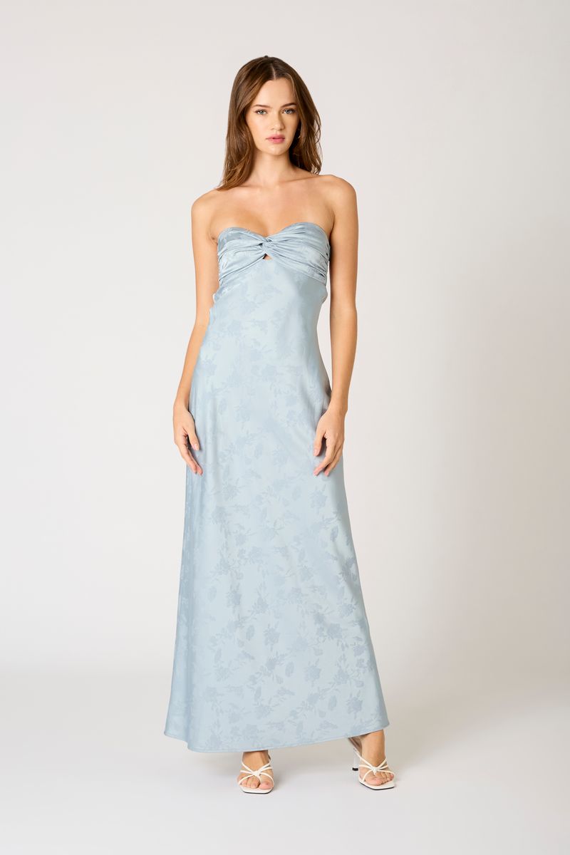 Jacquard Strapless Satin Maxi Dress in slate blue front view
