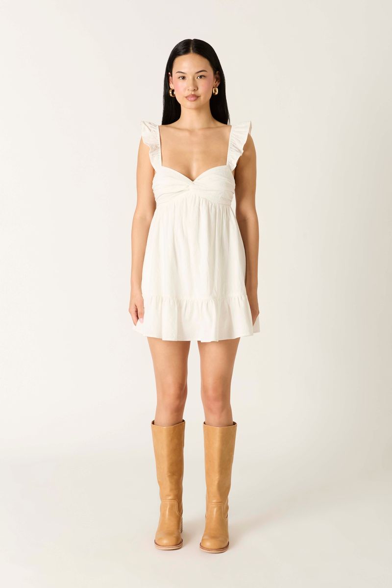 Babydoll Flutter Sleeve Mini Dress in white front view